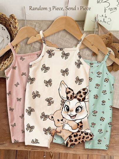 Cream Apricot, Cute Sweet Leopard Print Bow Animal Rabbit And Bear Pattern Print, Baby Girl Casual Comfortable Romper Suitable For Spring & Summer, Chill Day Chill Vibes, Easy Comfort, Casual Wear, Stylish Girls, Girly Style