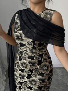 Elenzga 女士热销金色提花面料收腰长裙，搭配优雅雪纺披肩，适合春夏各种场合，如派对、约会、购物等。 - 黑色 - 查看 8