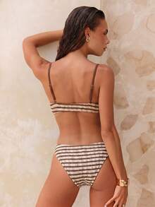 SHEIN Swim Lushore 欧美新款夏季性感条纹撞色串珠露背比基尼泳衣套装 - 彩色 - 查看 2