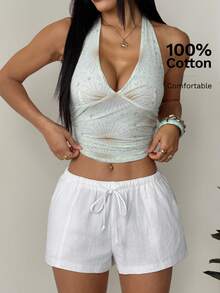 SHEIN PETITE Women Casual Modest Loose Drawstring Solid Color Shorts, Versatile For Everyday Wear White Linen Shorts Beach Summer - White - View 4