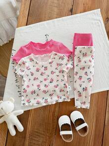 SHEIN LMoss Kids Dozemod 儿童新生女宝宝夏季休闲碎花荷叶边圆领短袖上衣和裤子四件套针织睡衣套装 - 粉色 - 查看 7