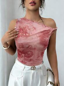 SHEIN Clasi 女士印花不对称肩部修身时尚衬衫 - 玫紅色 - 查看 4