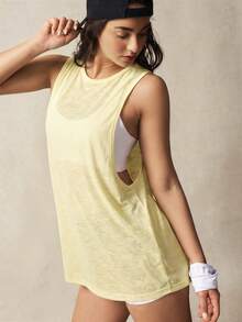 VARSIVA V-Neck Short Sleeve Hollow Back Loose T-Shirt - Yellow - View 2