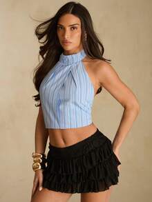 Glamine Women's Blue White Striped Halter Backless Tie Crop Top, Summer Golf Sexy - Blue and White - View 5