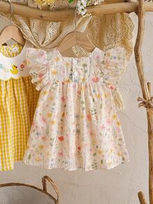 SHEIN Vintaside Kids 女嬰多色夏季花卉印花荷葉袖迷你洋裝，田園風清新圖案輕盈休閒派對版型，適合戶外穿著 - 杏色 - 查看 2