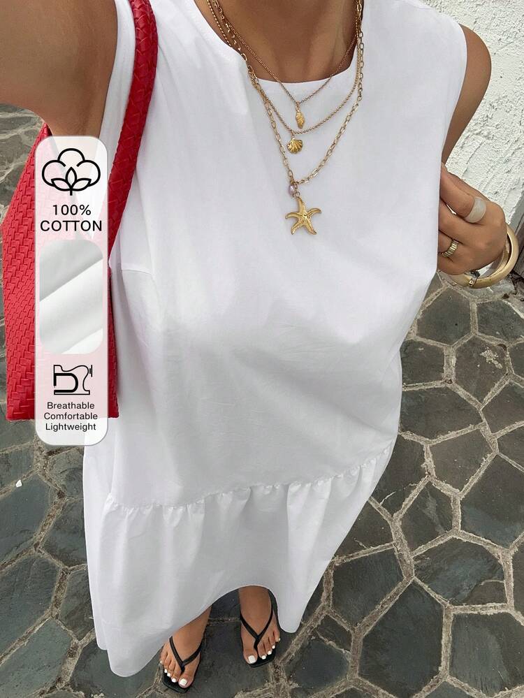 Dazy Plus Plus Size Women White Casual Dress, Round Neck, Spring/Summer