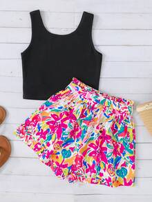 Conjunto de 2 piezas de top de tirantes con estampado floral tropical y shorts de cintura alta para niña preadolescente - Negro - Ver 2