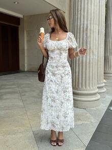 SHEIN PariChic Women's Long Square Neck Petal Sleeve Embroidered Woven Dress - Multicolor - View 5