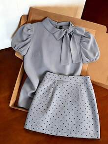 Ritzy Row 女士优雅打结领花瓣袖上衣和波点半裙套装，夏季时尚通勤装 - 灰色 - 查看 1