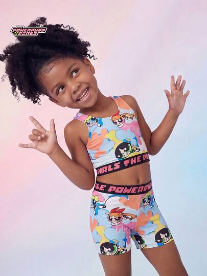 THE POWERPUFF GIRLS X SHEIN Maija Kids Bộ đồ bơi 2 món in chữ hoạt hình cho bé gái, thích hợp cho mùa xuân/hè.