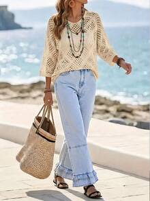Breezaya Quần jean nữ kiểu dáng thường ngày, chất liệu denim, có túi xéo và gấu quần xếp ly. - Màu xanh lam - Xem 3