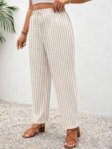SHEIN Frenchy Quần nữ cỡ lớn kẻ sọc có dây rút ở eo và túi, kiểu dáng thường ngày. - Nhiều màu - Xem 3