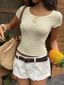 SHEIN EZwear Summer Vacation Yellow Striped Knit Bodycon T-Shirt - Pale Yellow - View 3