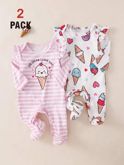 SHEIN 2pcs/Set Newborn Summer Lightweight Romper, Pink & White Ice Cream Heart Striped Cartoon Print, Fashionable Flutter Sleeve, Shoulder Snap, Long Sleeve, Footed, Soft & Comfortable Infant Pajamas