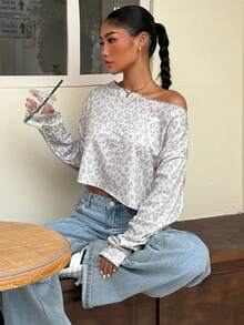 SHEIN Muchic 女士豹纹斜肩针织卫衣 - 灰色 - 查看 3