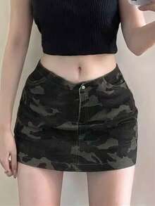 DAZY 夏季女士休闲迷彩印花牛仔短裤 - 綠色 - 查看 4