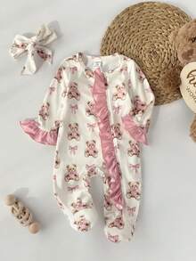 SHEIN Newborn Baby  Cute Knitted Cartoon Bear Pattern Romper With Headband Set - White - View 7