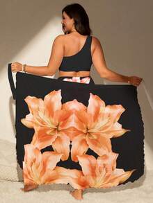 SHEIN Swim Vcay Bộ đồ bơi 3 mảnh cỡ lớn dành cho nữ, màu đen, họa tiết hoa ly 3D, gồm áo lệch vai, quần cạp cao và chân váy. - màu đen - Xem 3