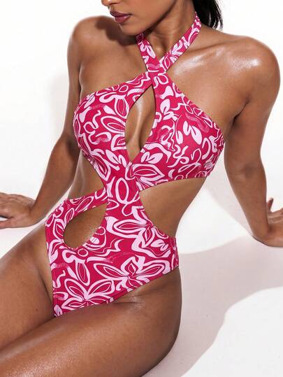 Oceva 女士性感碎花随机印花交叉露背镂空连体泳衣，夏季