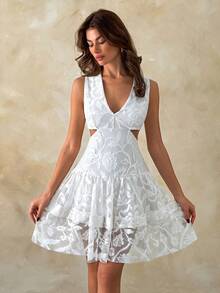 EURMUSE Vestido curto bordado em algodão branco para mulheres – Sem mangas, decote em V, elegante modelo evasê para o verão. - Branco - Ver 8