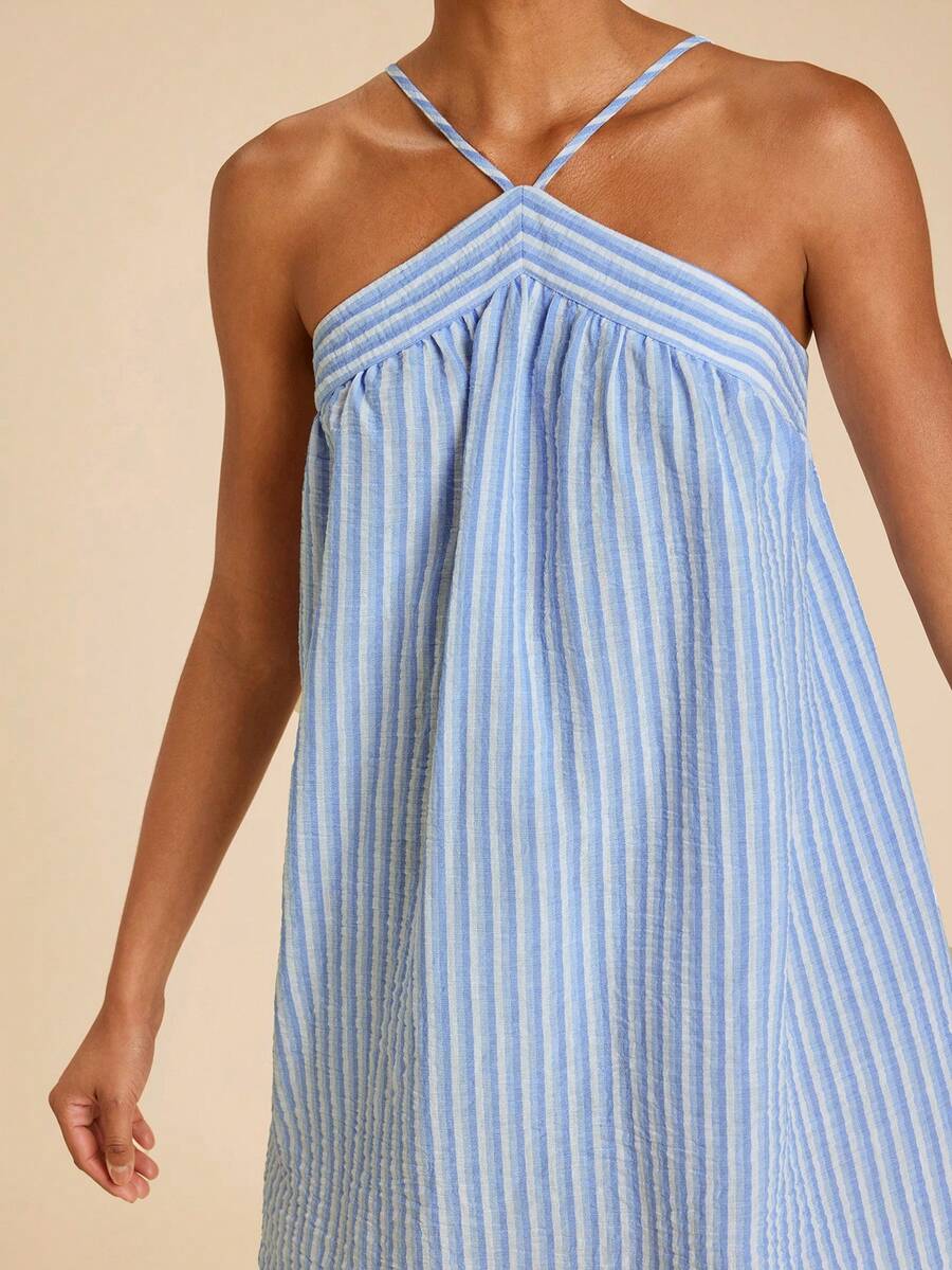 SHEIN TRVLCHIC Women's Striped Casual Vacation Halter Dress - Blue and White - View 1