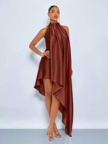 SOLERSUN Spring/Summer Women's Elegant Party/Wedding Glossy Fabric Sleeveless Asymmetrical Dress. - Brown - View 4
