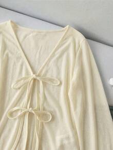 SHEIN LUNE Women's Casual Lace-Up Sheer Cream Yellow Blouse - Beige - View 3