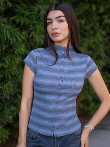 Andrea Bello 女士休闲条纹 Polo 领短袖前扣 T 恤 - 藍色 - 查看 4