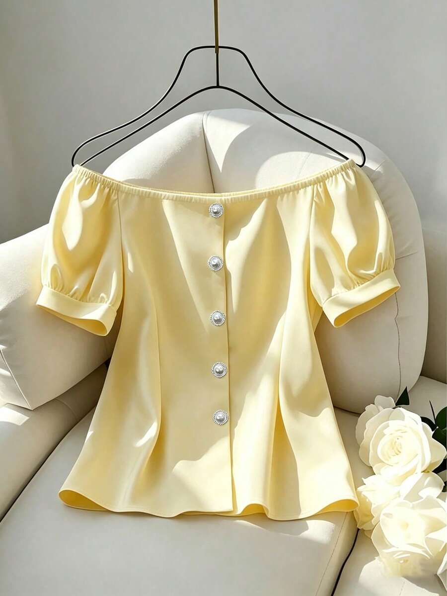 Franclia Áo kiểu nữ thanh lịch, trễ vai, màu trơn, thích hợp đi làm hoặc mặc mùa hè. - Màu vàng - Xem 1