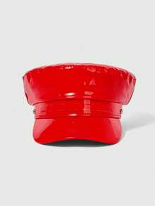ROMWE Grunge Punk 1pc Women's Black & Red Shiny Leather Waterproof Rivet Punk Style Flat Top Newsboy Cap, Suitable For Parties, Performances, Shopping, And Photo Shoots - Solid Color - View 2