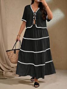 Roveilla Conjunto de 2 piezas talla grande para mujer: Camisa de manga corta con cuello en V y recorte a color con lazo delantero, y falda mini con volantes en el bajo - Negro - Ver 1