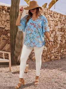 EMERY ROSE Plus Size Women Floral Print Ruffle Sleeve Loose Blouse - Baby Blue - View 5