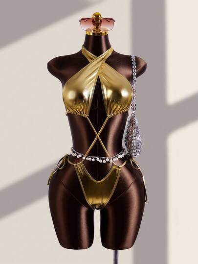 Swim SXY 2026 New Metallic Gold Cross Halter Tie Monokini, Criss-Cross Hollow Sexy Thong Bikini, Sexy Beach Party Swimsuit For Women