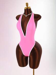 Amplova 1pc Women's Black & White Contrast Color Sexy Bodysuit, Tight-Fitting One-Piece Swimsuit With Deep V-Neck, Open Back And Bowknot, Suitable For Valentine's Day High-End Outfit - Pink - View 5