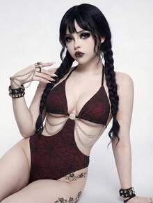 ROMWE Goth 26SS 哥特式蜘蛛网黑红暗哥特风连体泳衣，女士，春夏款 - 黑色 - 查看 3