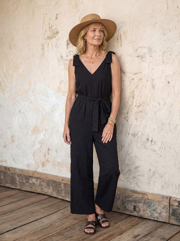 Women's Solid Color Knotted Shoulder Sleeveless Jumpsuit Summer Outfits For Women Vacation Outfits Women Holiday Outfits For Women Summer Holiday Outfits Women's Jumpsuit Women's Elegant Jumpsuit Jumpsuits For Women Summer Rompers For Women Vacation Black Jumpsuit For Women Going Out Outfit