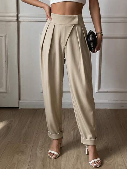 Modelyn Women's Solid Color High Waist Pleated Design Casual Tapered Pants