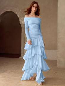 MOTF PREMIUM VESTIDO LARGO AJUSTADO CON TEXTURA, VOLANTES Y VOLANTES ACAMPANADOS PARA MUJER, OTOÑO/INVIERNO - Azul Agua - Ver 1