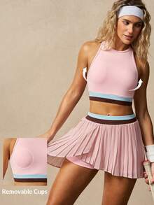 VARSIVA 女士撞色条纹印花露背背心和百褶迷你裙运动套装 - 彩色 - 查看 15