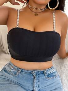 Plus Size Wireless Bra, Thin Comfortable Front Closure Gather Lift Pearl Strap Bra, 1pc Strapless Bra For Plus Size Plus Size Bra - Black - View 7