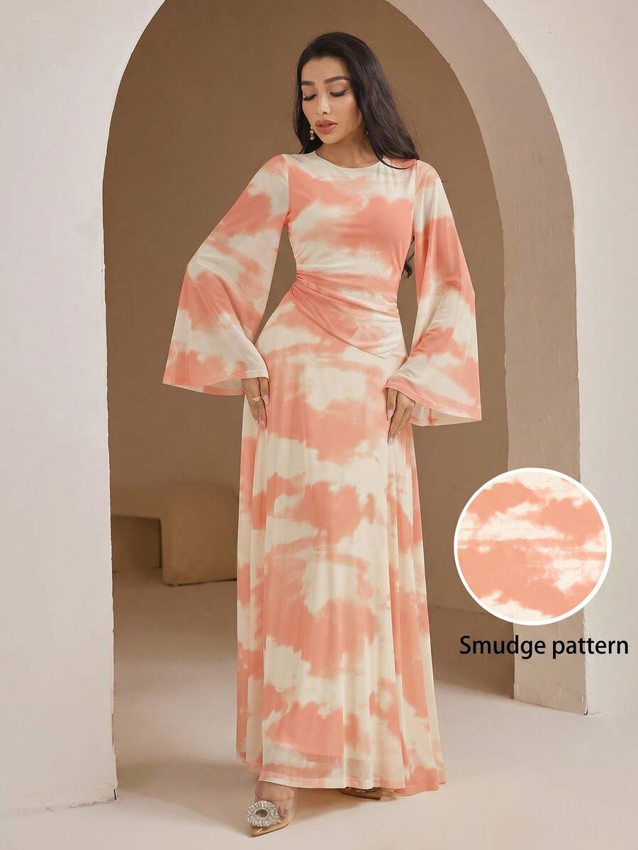 女士圆领扎染褶皱优雅收腰阿拉伯风派对连衣裙 - 橘色 - 查看 1