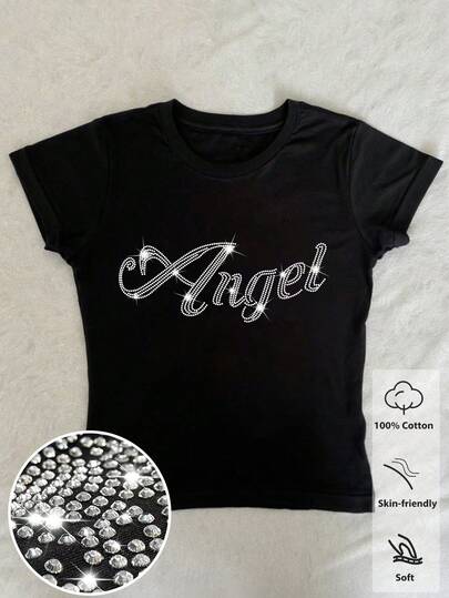 Glimmora Camiseta de algodón con diseño de ángel de strass y brillo, top casual de cuello redondo corto para mujer, adecuado para salidas de verano