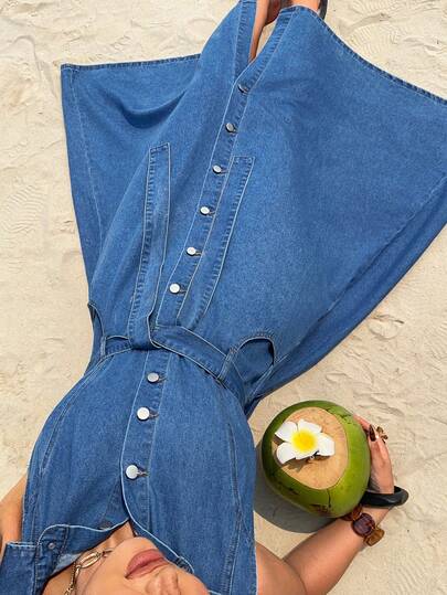 Sunnyshic 大码女式无袖单排扣系带牛仔长裙，度假款