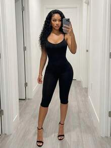BamGleam Women's Black Summer Seamless Knit Jumpsuit Athleisure Gym Tummy Control Romper Halter Backless Sleeveless Low-Cut Tight Unitard Short Jumpsuits Sexy - Black - View 4