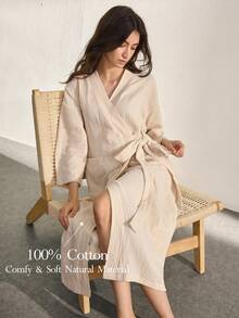 Ocili 100% Cotton Soft & Comfortable Crepe Robe With Tie, Leisure Wear - Apricot - View 1
