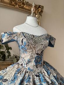 Lovelzi 优雅奢华提花缎面露肩抹胸连衣裙，饰以手工水钻，高腰蓬松A字裙摆，可调节系带，适合约会、单身派对、婚礼、返校、音乐会、下午茶等各种正式场合，女士短款鸡尾酒会礼服 - 藍色 - 查看 6