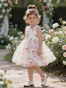 Glamorique Kids 女童花卉刺绣公主裙，柔软薄纱泡泡袖花童礼服，适合生日派对、婚礼、春夏穿着，也适合拍照 - 白色 - 查看 3