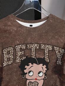 Betty Boop x SHEIN 女士休闲复古豹纹印花、字母和卡通人物图案圆领短袖T恤，夏季 - 白色 - 查看 4