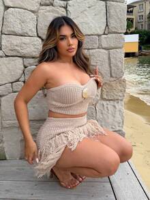 Maria Perezxox Bộ đồ nghỉ dưỡng 2 món cho nữ: Áo len dệt kim họa tiết và chân váy ngắn tua rua kim loại, thích hợp cho tiệc tùng, hẹn hò, kỳ nghỉ ở bãi biển, trang phục mùa hè, ngày lễ, trà chiều, mùa cưới, du ngoạn, nghỉ dưỡng thành phố, kỳ nghỉ theo phong cách Boho, lễ hội âm nhạc - Màu Khaki - Xem 3