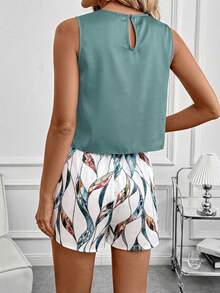 SHEIN Clasi Conjunto de top sin mangas y shorts con volantes estampados - Azul Cadete - Ver 2